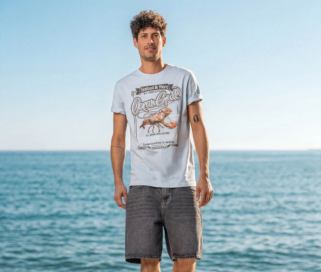 Mann am Meer im hellblauen T-Shirt mit Hummer-Aufdruck und grauen Jeansshorts