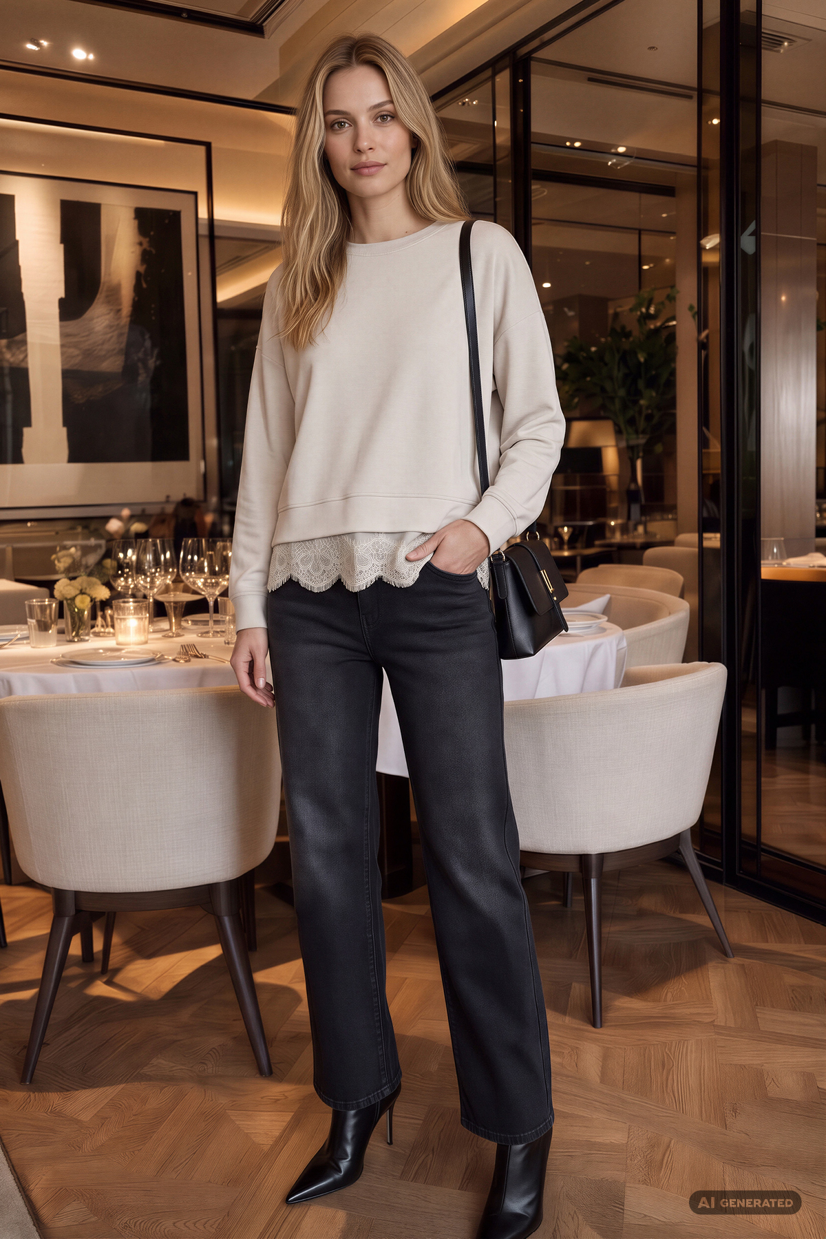 Frau mit grauer Denim Hose und Creme farbenden Pullover