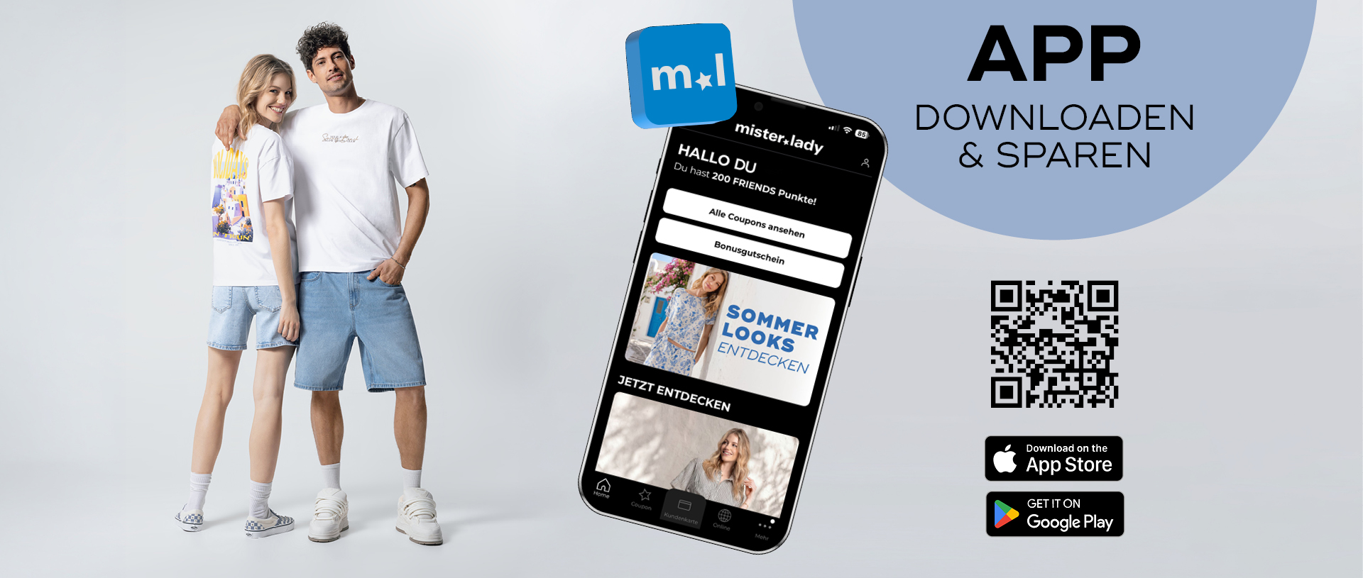 Ein lächelndes Paar wirbt neben einem Smartphone für die mister*lady App und deren Vorteile wie Coupons.