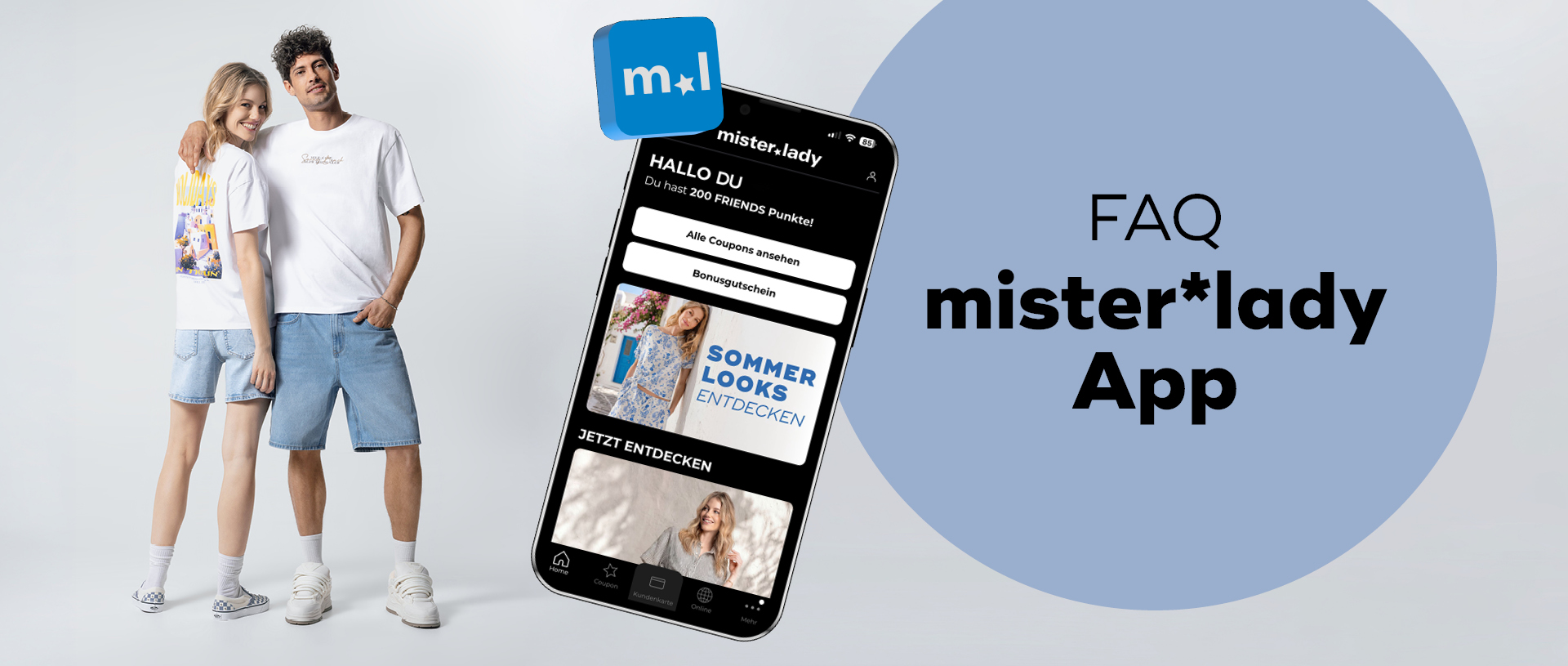 Ein lächelndes Paar wirbt neben einem Smartphone für die mister*lady App und deren Vorteile wie Coupons.