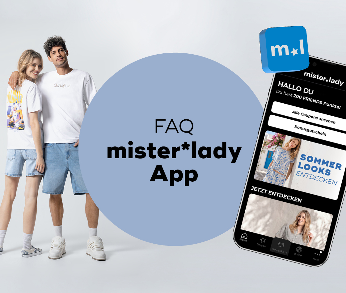 Ein lächelndes Paar wirbt neben einem Smartphone für die mister*lady App und deren Vorteile wie Coupons.