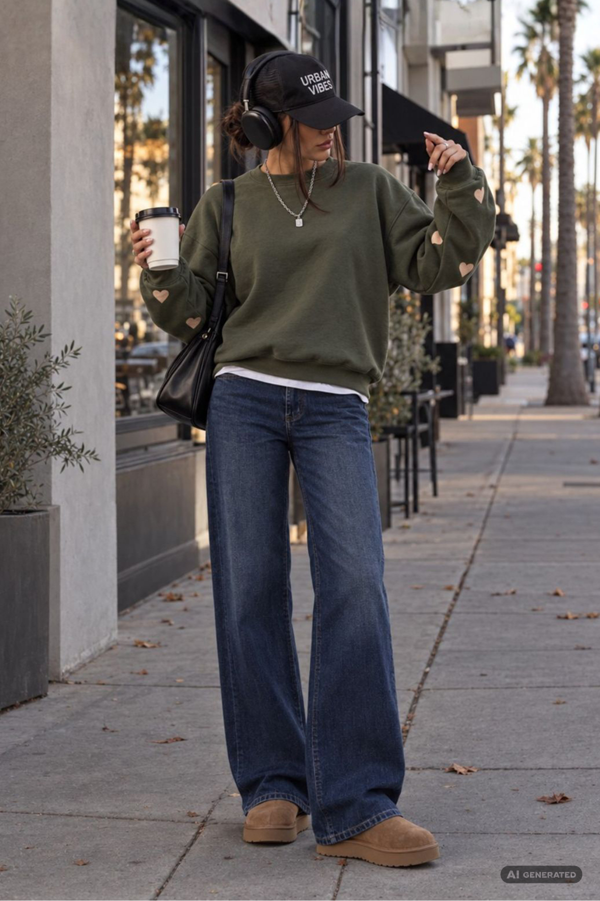 Frau in blauer Denim und grünen Pullover in der Stadt